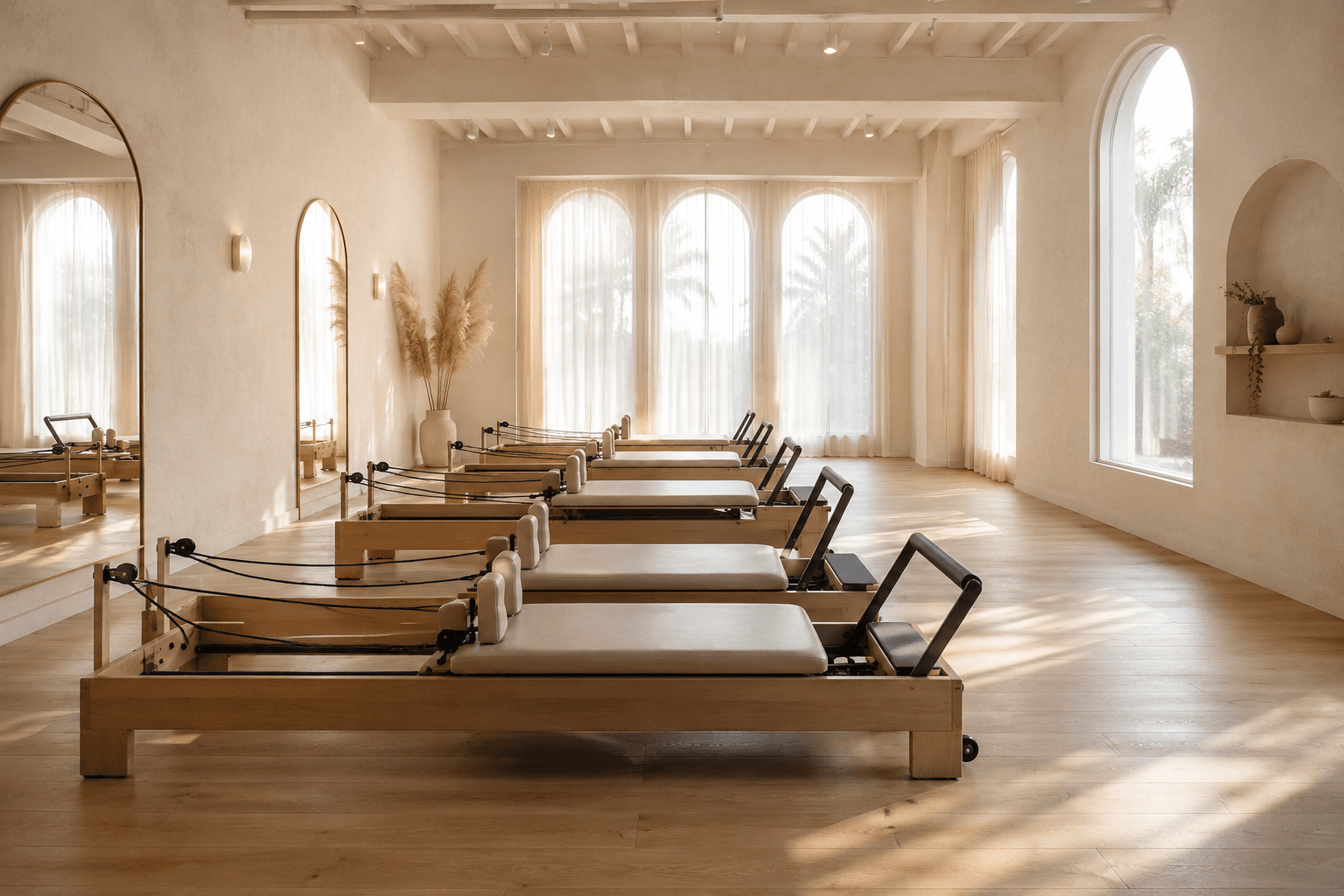 Salle Pilates Reformer chez Collab Studio, machines Reformer et lumière naturelle